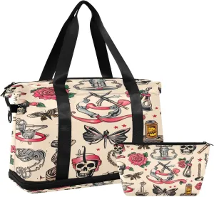 Tattoo Print Sports Gym Bag,Travel Duffel bag with Wet Pocket & Shoes Compartment Lightweight Waterproof Overnight Bag for Men Women