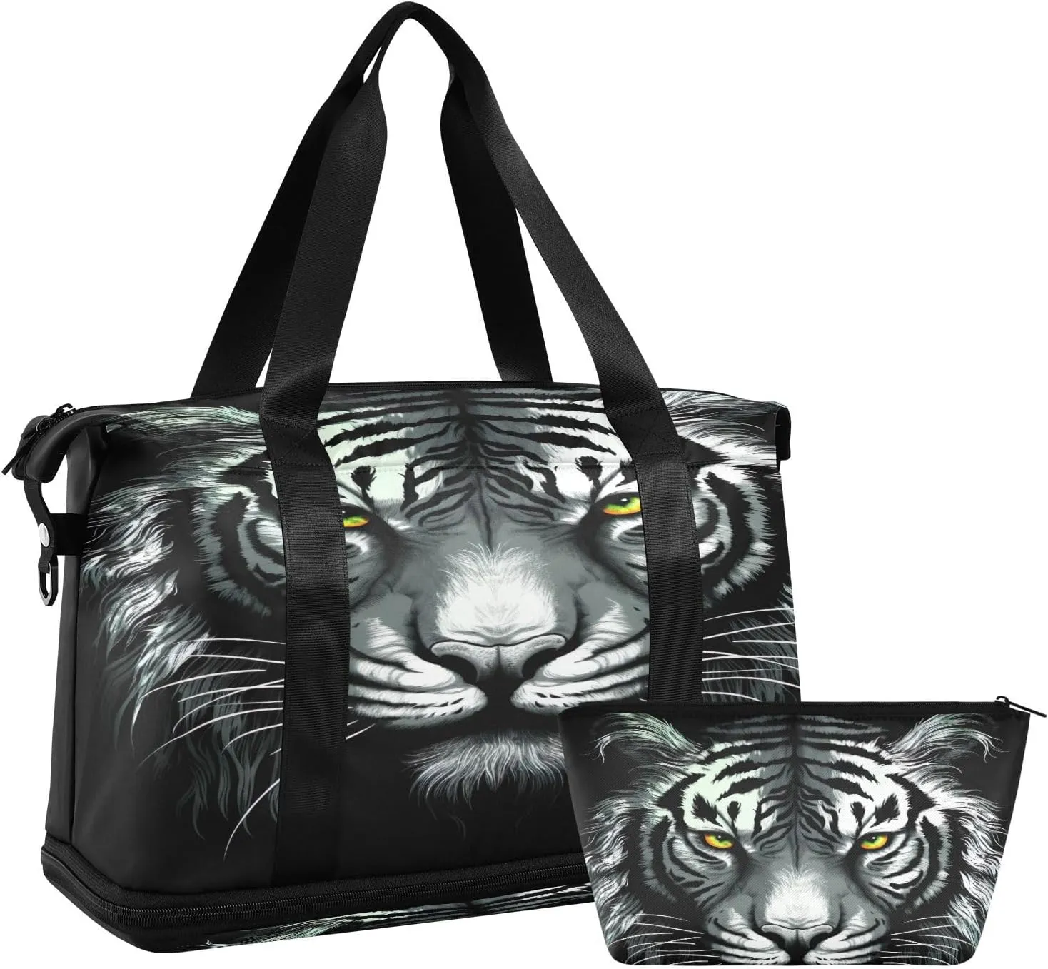 Tiger Black & White Sports Gym Bag,Travel Duffel bag with Wet Pocket & Shoes Compartment Lightweight Waterproof Overnight Bag for Men Women