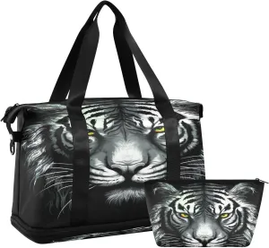 Tiger Black & White Sports Gym Bag,Travel Duffel bag with Wet Pocket & Shoes Compartment Lightweight Waterproof Overnight Bag for Men Women