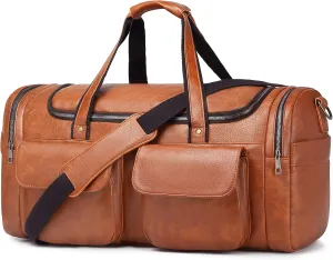 Travel Duffel Bag for Men, Large PU Leather Carry on Duffle Bag for Traveling, Waterproof Duffel Bag for Men Overnight Weekender Gym Bag with Shoe Compartment - Perfect for Daily Use/Birthday Gift,