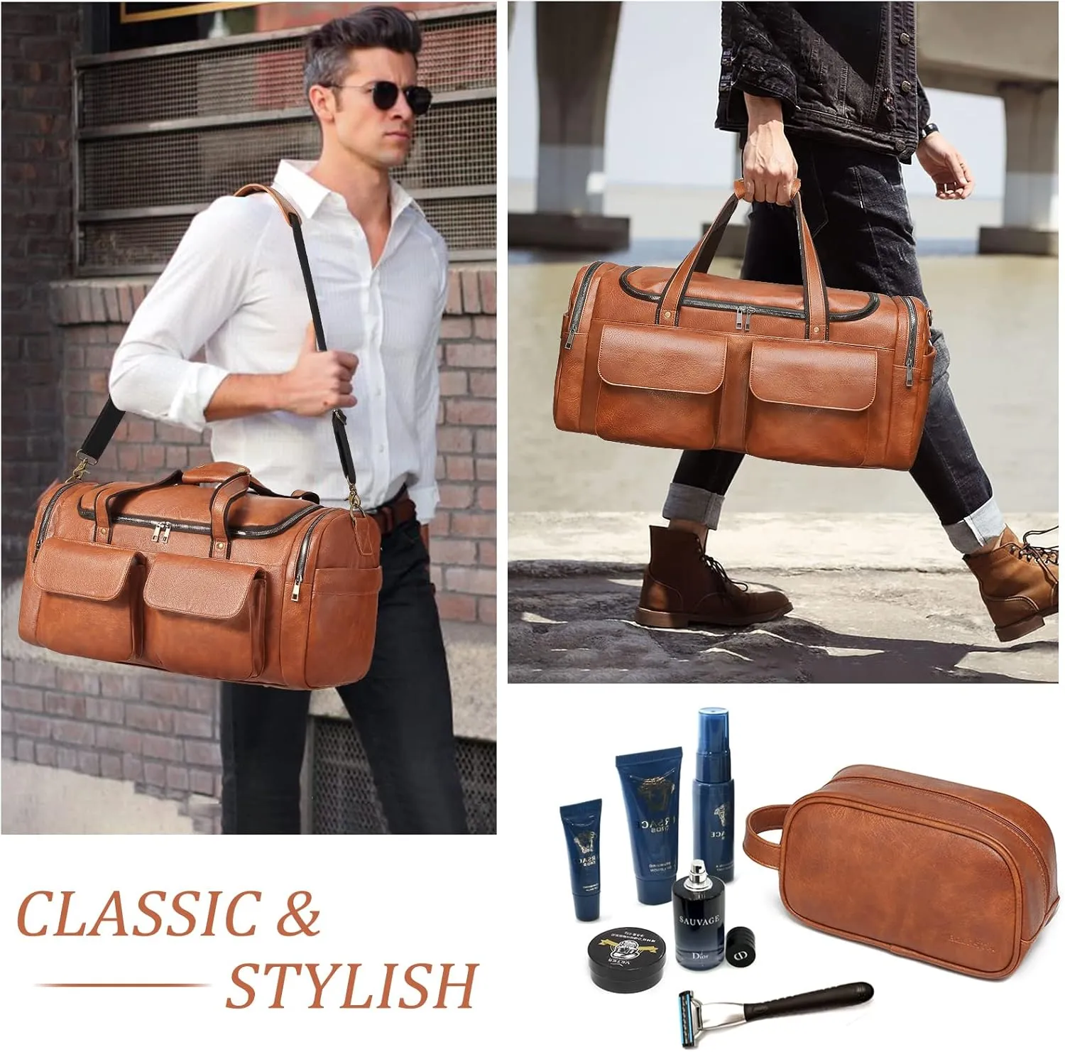Travel Duffel Bag for Men, Large PU Leather Carry on Duffle Bag for Traveling, Waterproof Duffel Bag for Men Overnight Weekender Gym Bag with Shoe Compartment - Perfect for Daily Use/Birthday Gift,