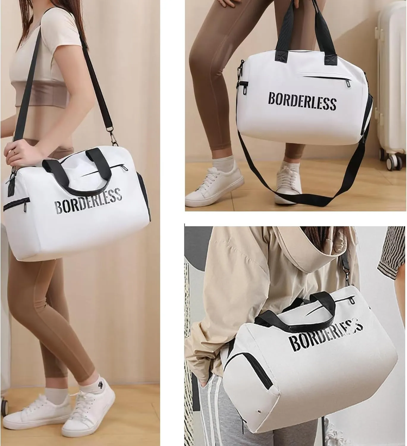 Travel Duffle Bag Gym Bag for Women with Shoes Compartment, Personal Item Weekender Bag with Wet Pocket, Overnight Bag (White)