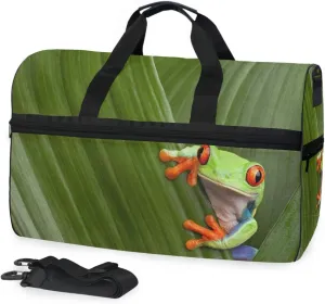 Tropical Rain Forest Leaves Frog Travel Duffel Bag for Women Men Sport Gym Bag with Shoes Compartment Overnight Weekend Bag