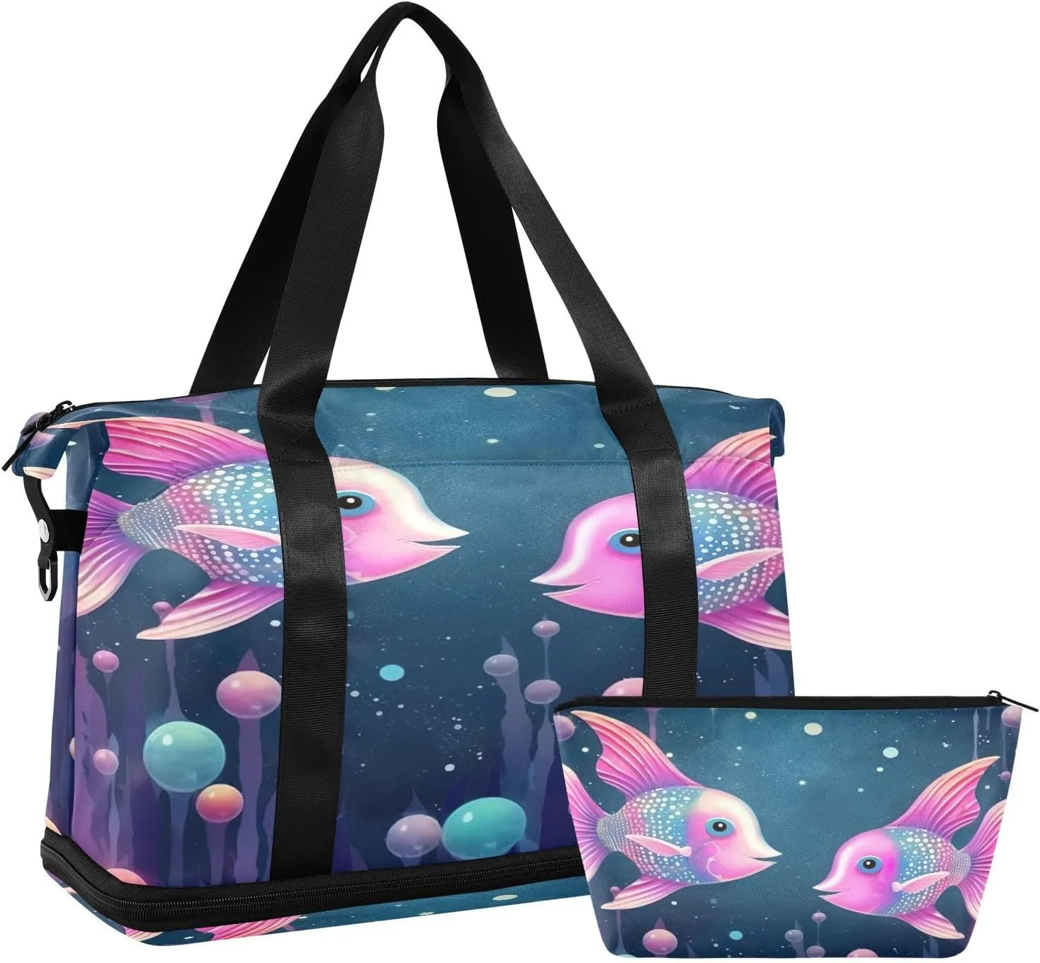 Two Colorful Fish Sports Gym Bag,Travel Duffel bag with Wet Pocket & Shoes Compartment Lightweight Waterproof Overnight Bag for Men Women