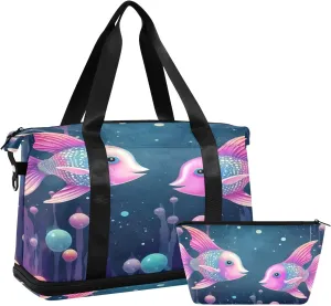 Two Colorful Fish Sports Gym Bag,Travel Duffel bag with Wet Pocket & Shoes Compartment Lightweight Waterproof Overnight Bag for Men Women