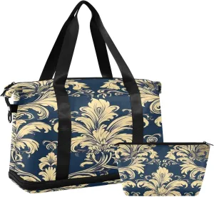Vintage Damask Sports Gym Bag,Travel Duffel bag with Wet Pocket & Shoes Compartment Lightweight Waterproof Overnight Bag for Men Women