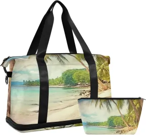 Vintage Palm Tree Sports Gym Bag,Travel Duffel bag with Wet Pocket & Shoes Compartment Lightweight Waterproof Overnight Bag for Men Women