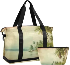 Vintage Palm Trees Sports Gym Bag,Travel Duffel bag with Wet Pocket & Shoes Compartment Lightweight Waterproof Overnight Bag for Men Women