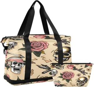 Vintage Skulls Gym Bag for Men Women with Shoes Compartment & Wet Pocket Sport Travel Duffel Bag Waterproof Weekender Overnight Bag