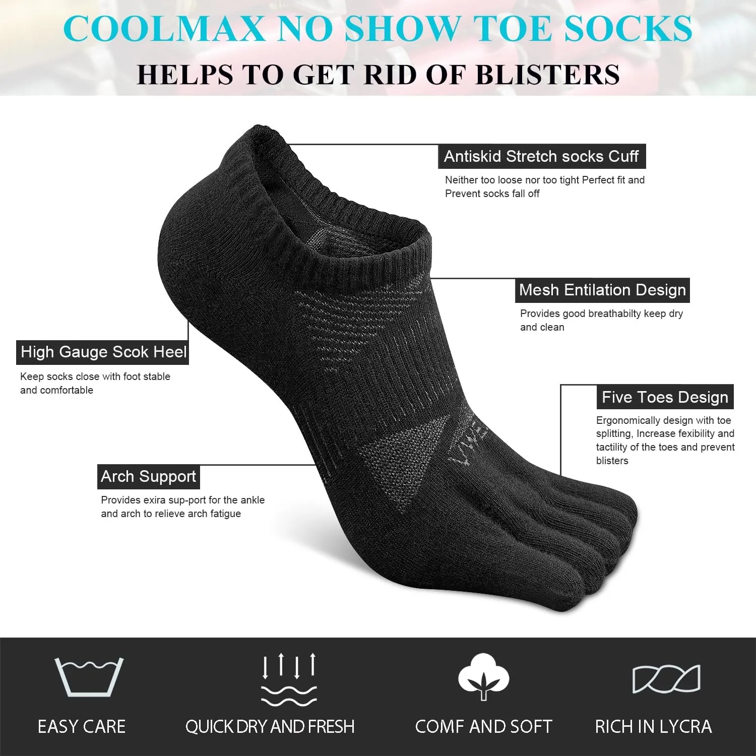 VWELL No Show Toe Socks for Men Women COOLMAX Five Finger Socks Athletic Running Ankle Low Cut 5 Toe Socks (3Pairs)