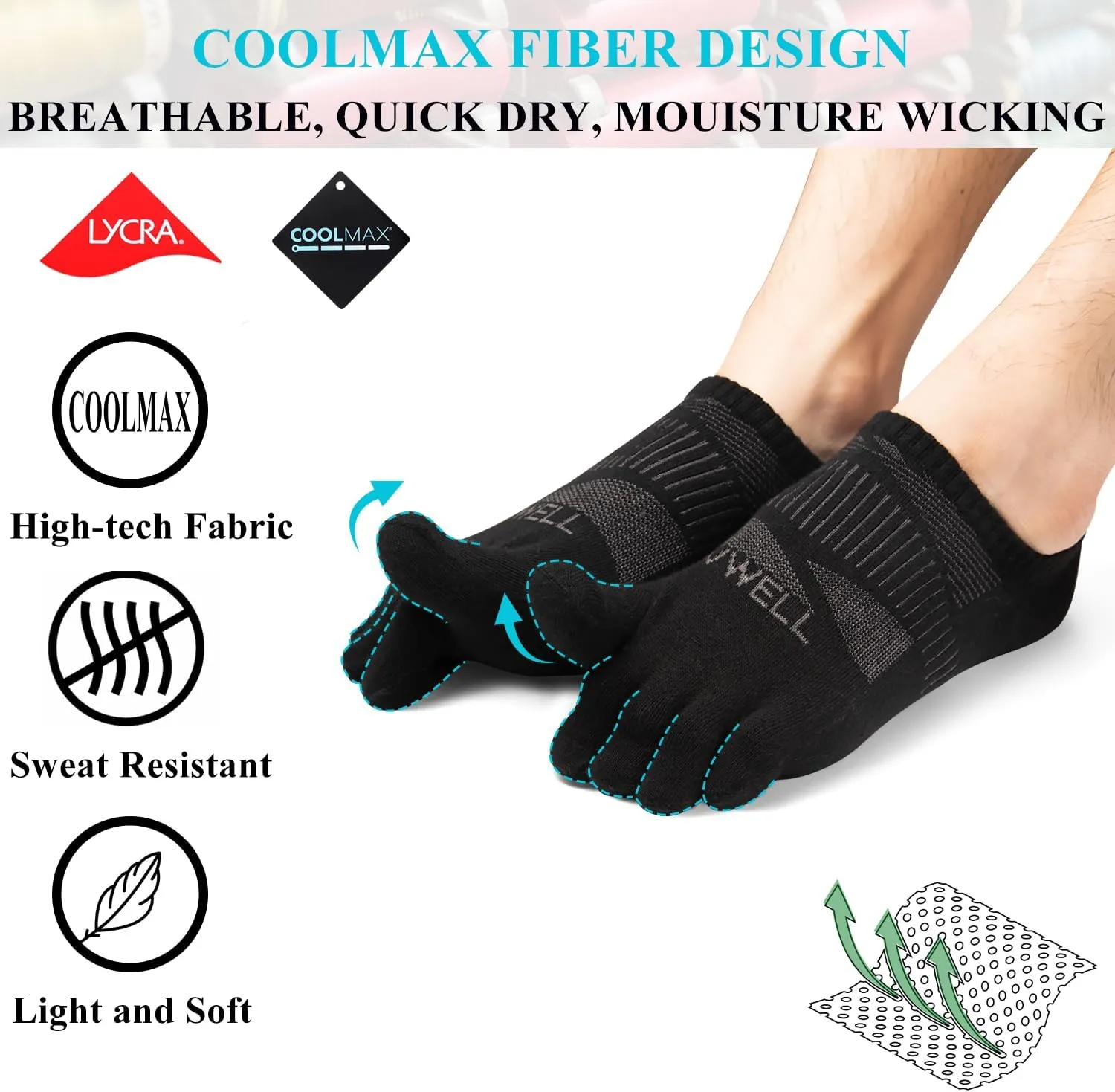 VWELL No Show Toe Socks for Men Women COOLMAX Five Finger Socks Athletic Running Ankle Low Cut 5 Toe Socks (3Pairs)