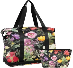 Watercolor Flowers Gym Bag for Men Women with Shoes Compartment & Wet Pocket Sport Travel Duffel Bag Waterproof Weekender Overnight Bag
