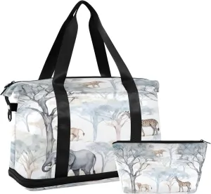 Watercolor Jungle Animals Gym Bag for Men Women with Shoes Compartment & Wet Pocket Sport Travel Duffel Bag Waterproof Weekender Overnight Bag