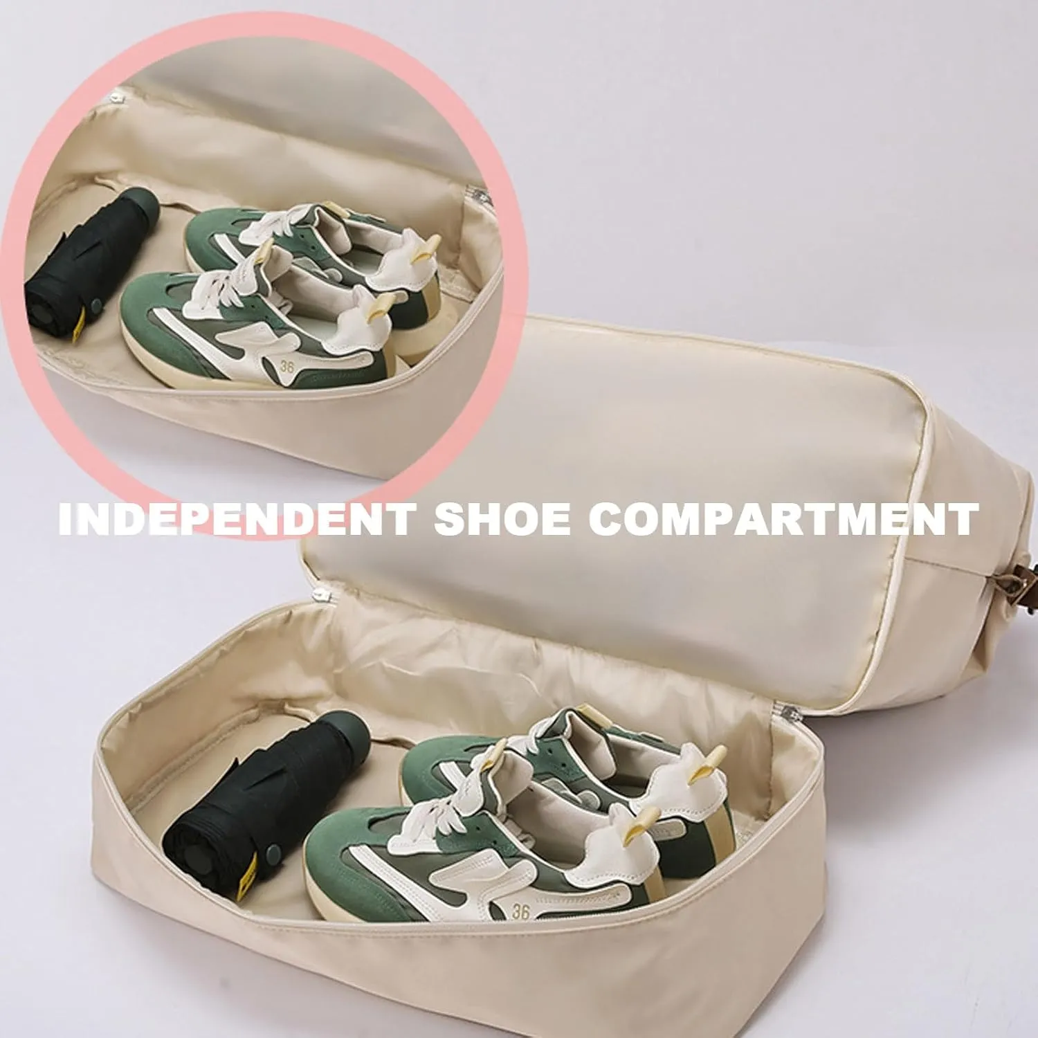 Waterproof Weekender Duffel Bag, Carry-On Travel Tote, Gym Shoulder Bag with Shoes Compartment for Overnight, Beach, Workout(Light Khaki)