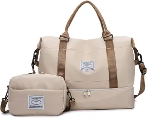 Waterproof Weekender Duffel Bag, Carry-On Travel Tote, Gym Shoulder Bag with Shoes Compartment for Overnight, Beach, Workout(Light Khaki)