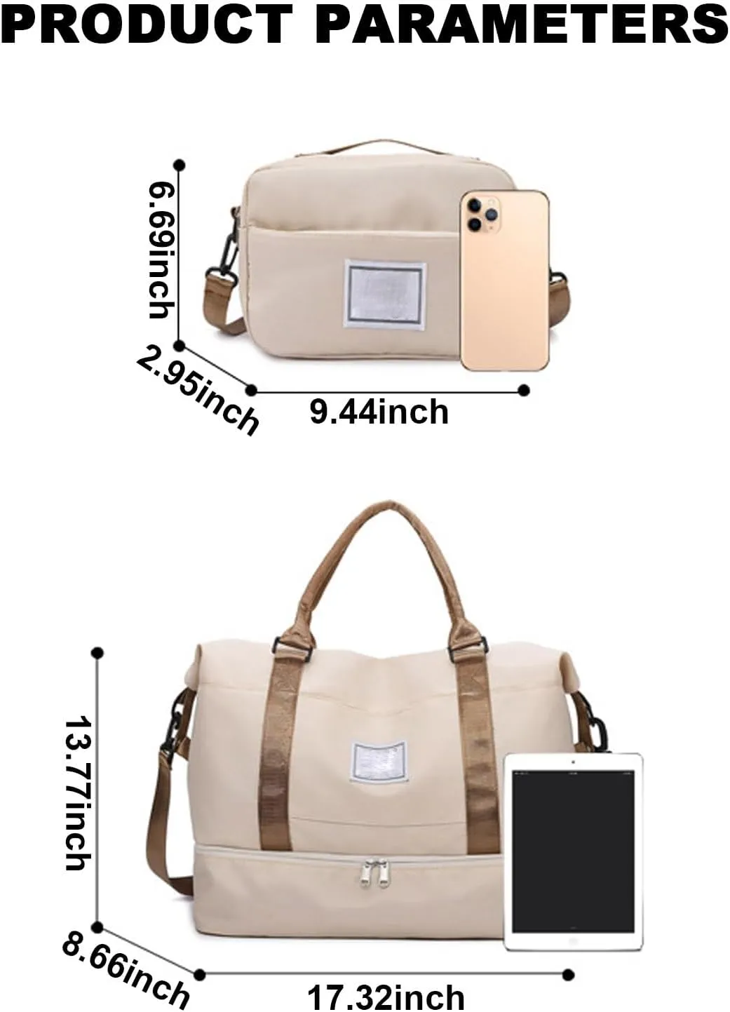 Waterproof Weekender Duffel Bag, Carry-On Travel Tote, Gym Shoulder Bag with Shoes Compartment for Overnight, Beach, Workout(Light Khaki)