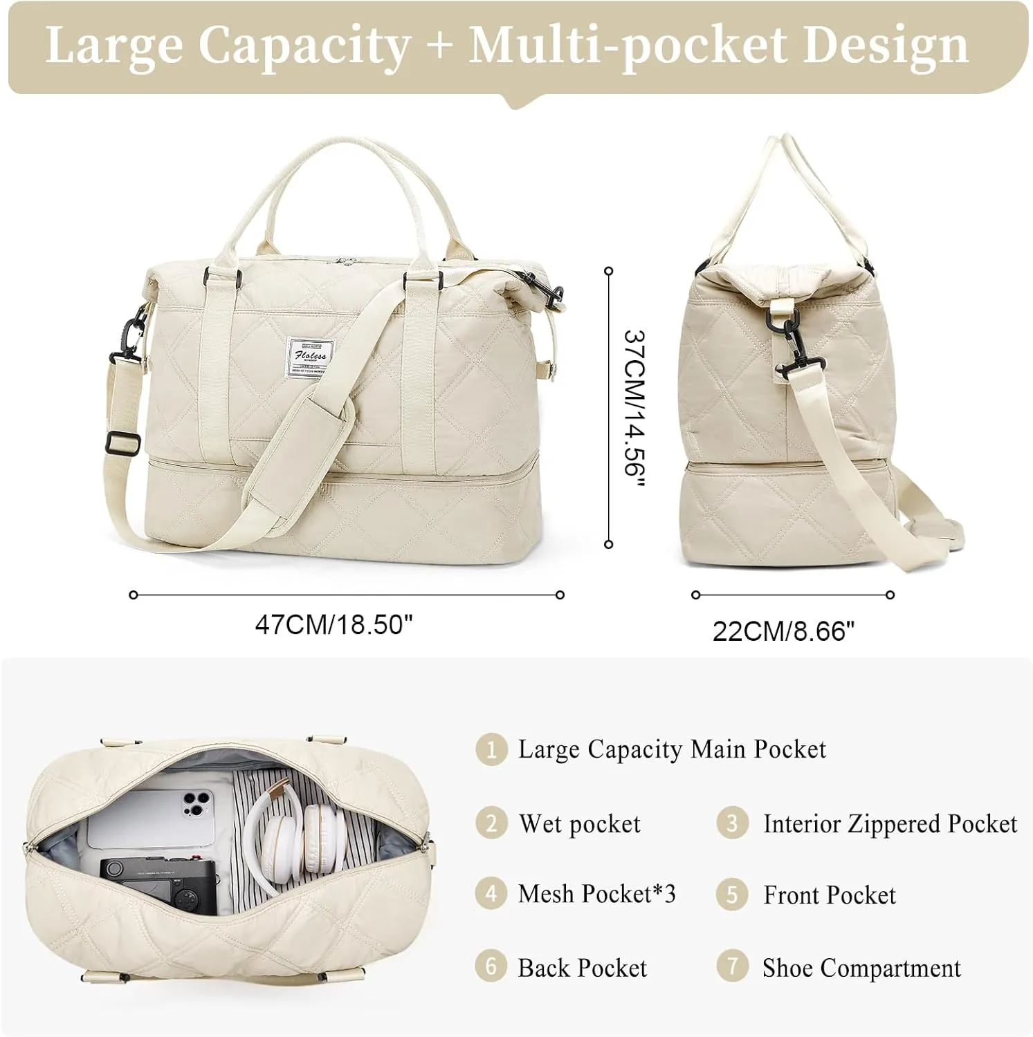 Weekender Bags for Women,Personal Item Travel Bag with Shoes Compartment,Overnight Travel Duffel Bag with Toiletry Bag, Quilted-Beige, Large
