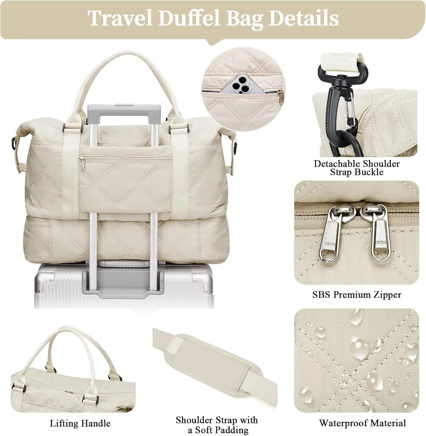 Weekender Bags for Women,Personal Item Travel Bag with Shoes Compartment,Overnight Travel Duffel Bag with Toiletry Bag, Quilted-Beige, Large