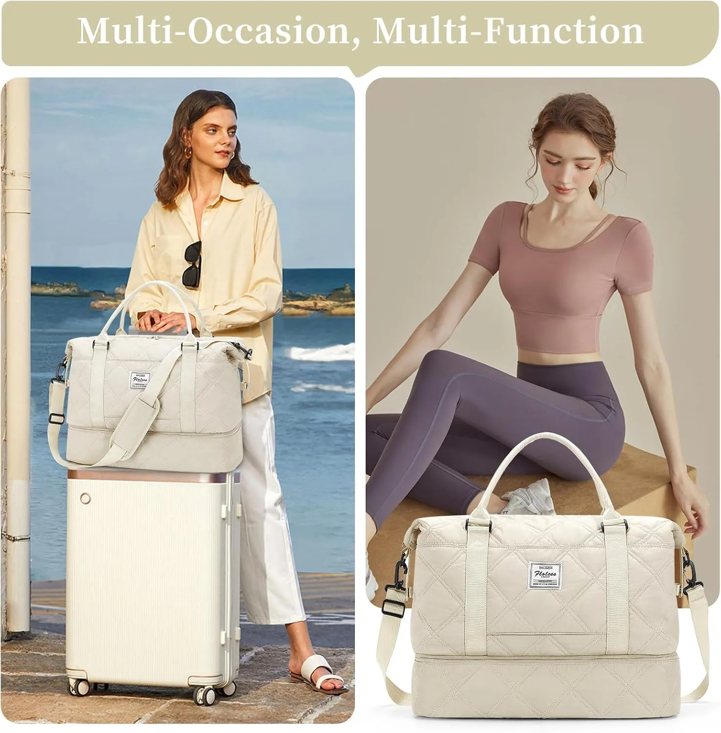 Weekender Bags for Women,Personal Item Travel Bag with Shoes Compartment,Overnight Travel Duffel Bag with Toiletry Bag, Quilted-Beige, Large
