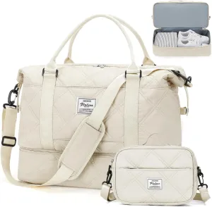 Weekender Bags for Women,Personal Item Travel Bag with Shoes Compartment,Overnight Travel Duffel Bag with Toiletry Bag, Quilted-Beige, Large