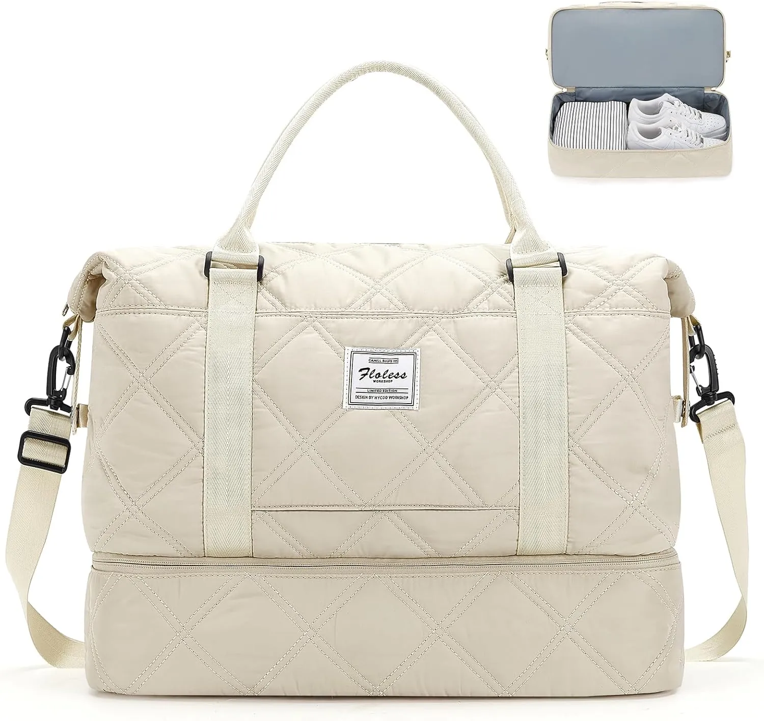 Weekender Bags for Women,Personal Item Travel Bag with Shoes Compartment,Overnight Travel Duffel Bag with Toiletry Bag, Quilted-Beige, Large