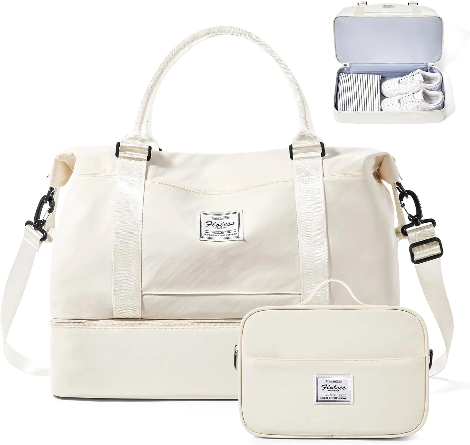 Weekender Bags for Women,Personal Item Travel Bag with Shoes Compartment,Overnight Travel Duffel Bag with Toiletry Bag, Soft-beige, Large