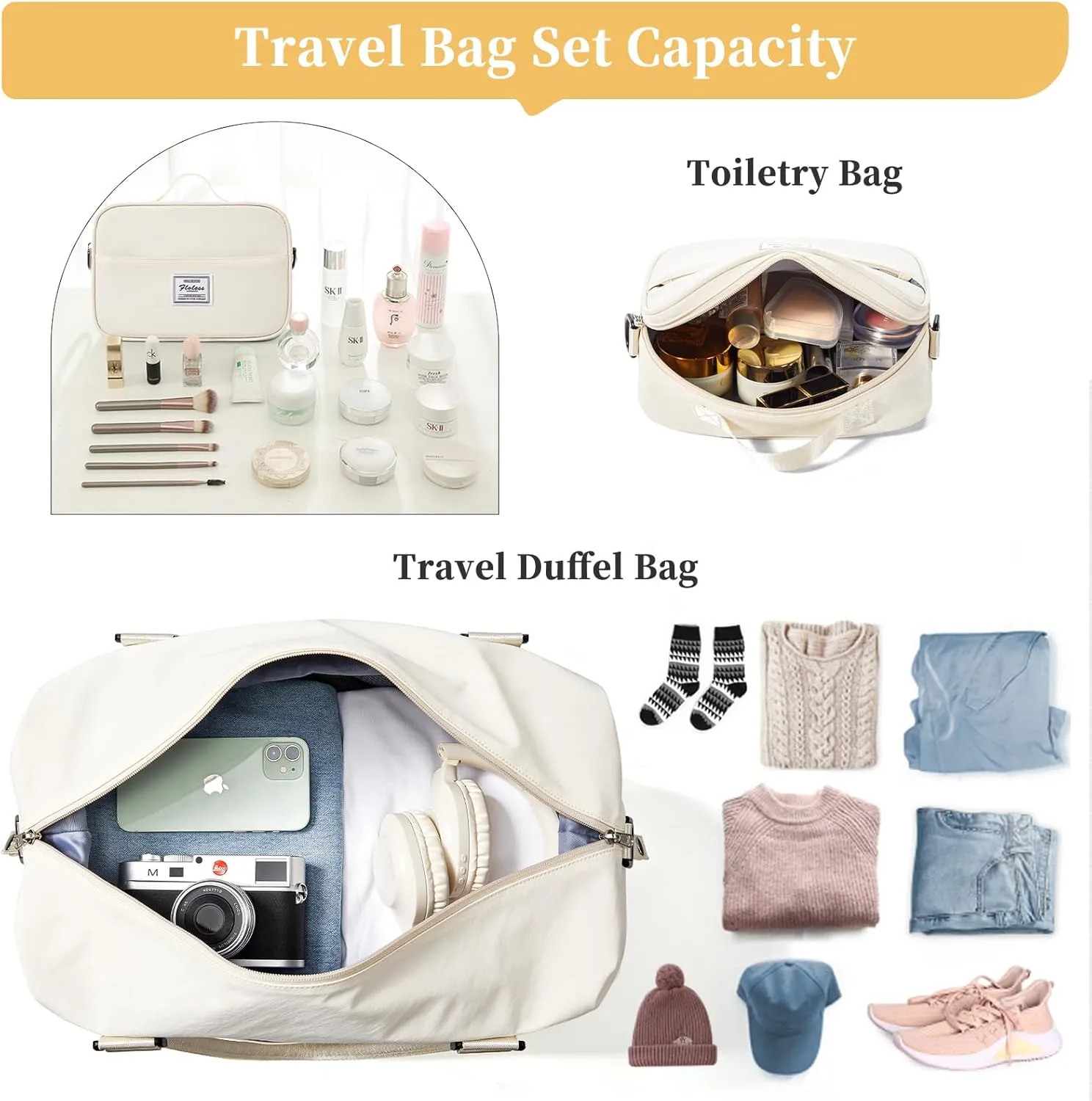 Weekender Bags for Women,Personal Item Travel Bag with Shoes Compartment,Overnight Travel Duffel Bag with Toiletry Bag, Soft-beige, Large