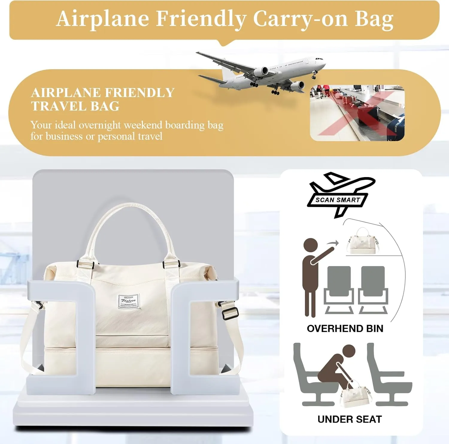 Weekender Bags for Women,Personal Item Travel Bag with Shoes Compartment,Overnight Travel Duffel Bag with Toiletry Bag, Soft-beige, Large