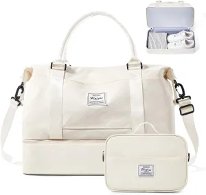 Weekender Bags for Women,Personal Item Travel Bag with Shoes Compartment,Overnight Travel Duffel Bag with Toiletry Bag, Soft-beige, Large