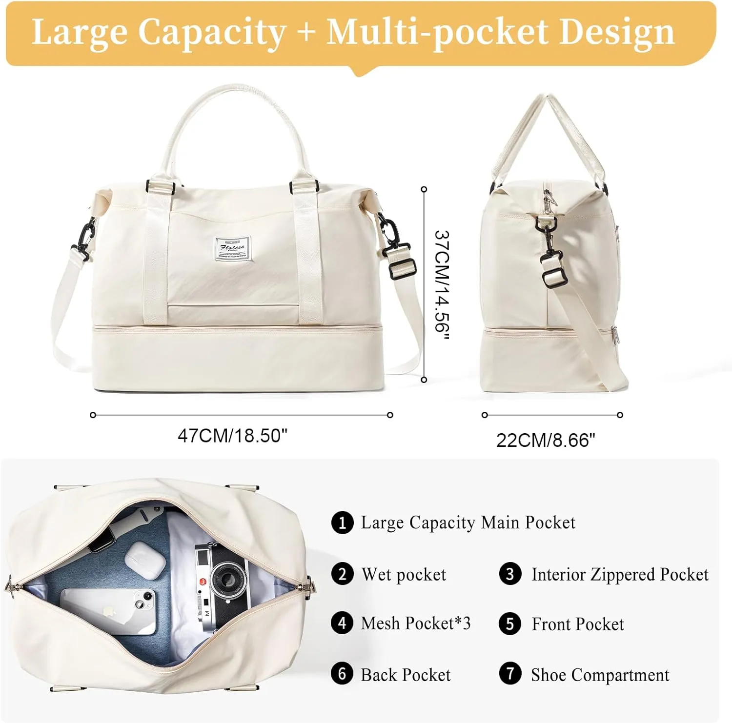Weekender Bags for Women,Personal Item Travel Bag with Shoes Compartment,Overnight Travel Duffel Bag with Toiletry Bag, Soft-beige, Large
