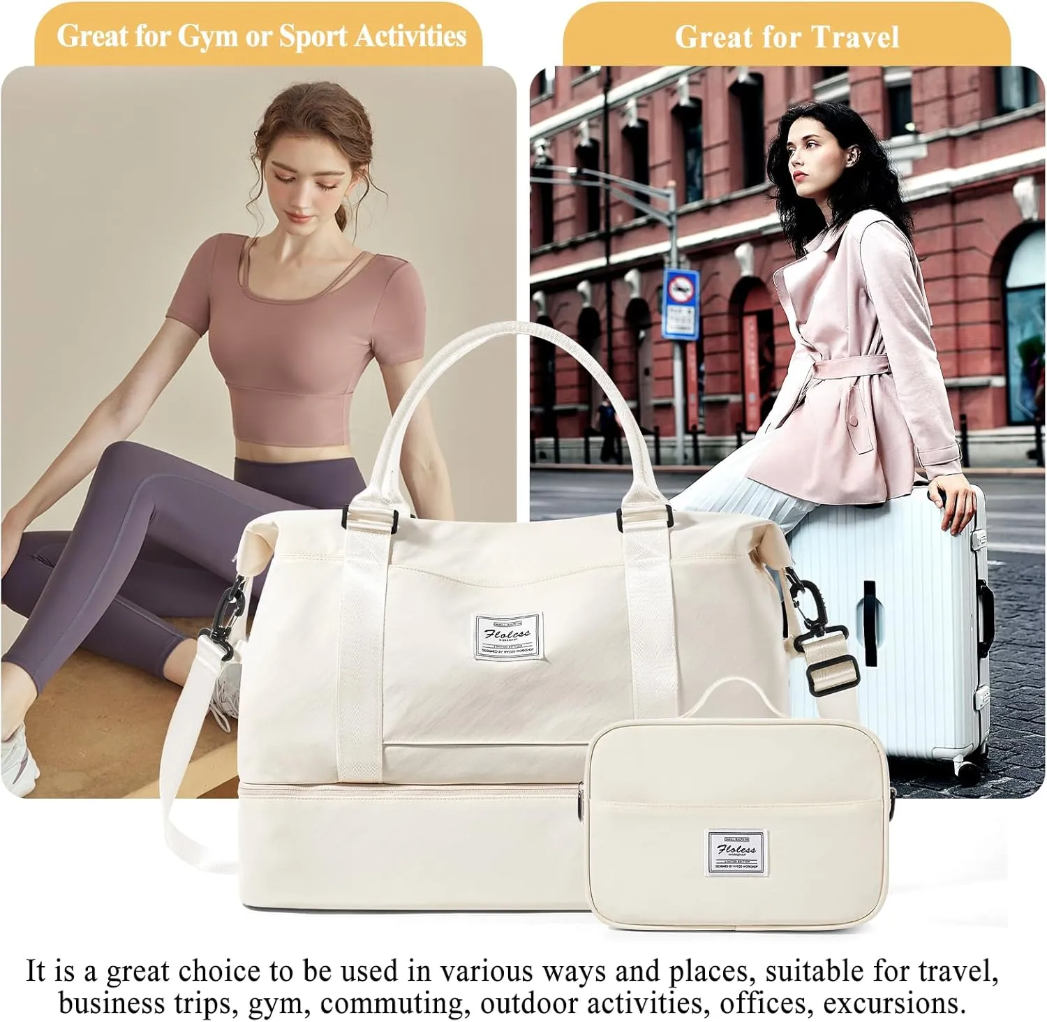 Weekender Bags for Women,Personal Item Travel Bag with Shoes Compartment,Overnight Travel Duffel Bag with Toiletry Bag, Soft-beige, Large