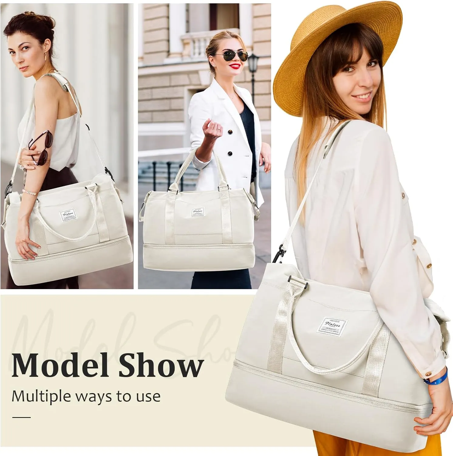 Weekender Bags for Women,Personal Item Travel Bag with Shoes Compartment,Overnight Travel Duffel Bag with Toiletry Bag, Soft-beige, Large