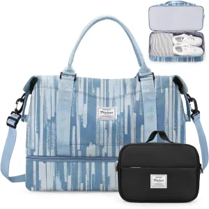 Weekender Bags for Women,Personal Item Travel Bag with Shoes Compartment,Overnight Travel Duffel Bag with Toiletry Bag, X-Denim Print, Large