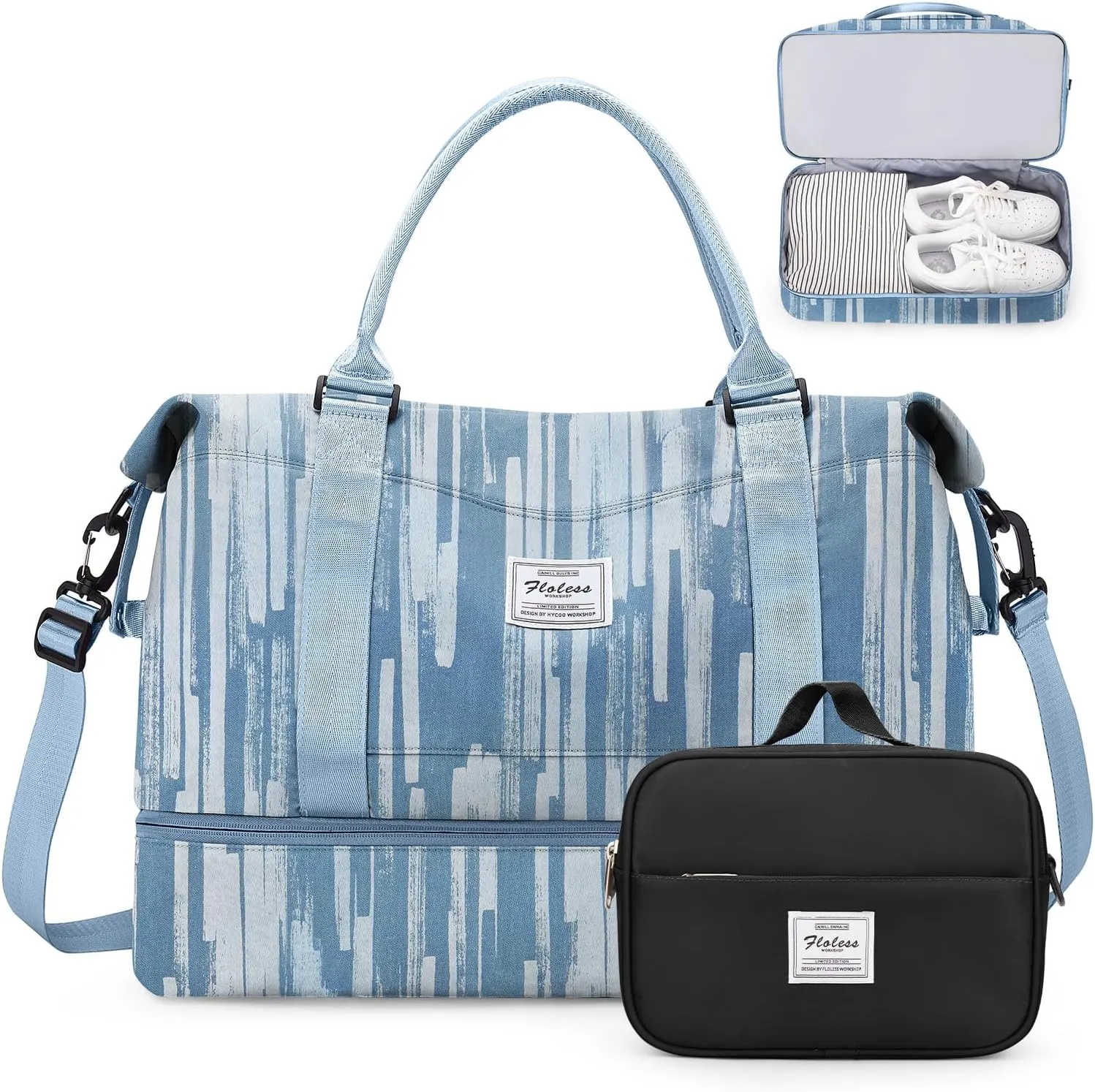 Weekender Bags for Women,Personal Item Travel Bag with Shoes Compartment,Overnight Travel Duffel Bag with Toiletry Bag, X-Denim Print, Large