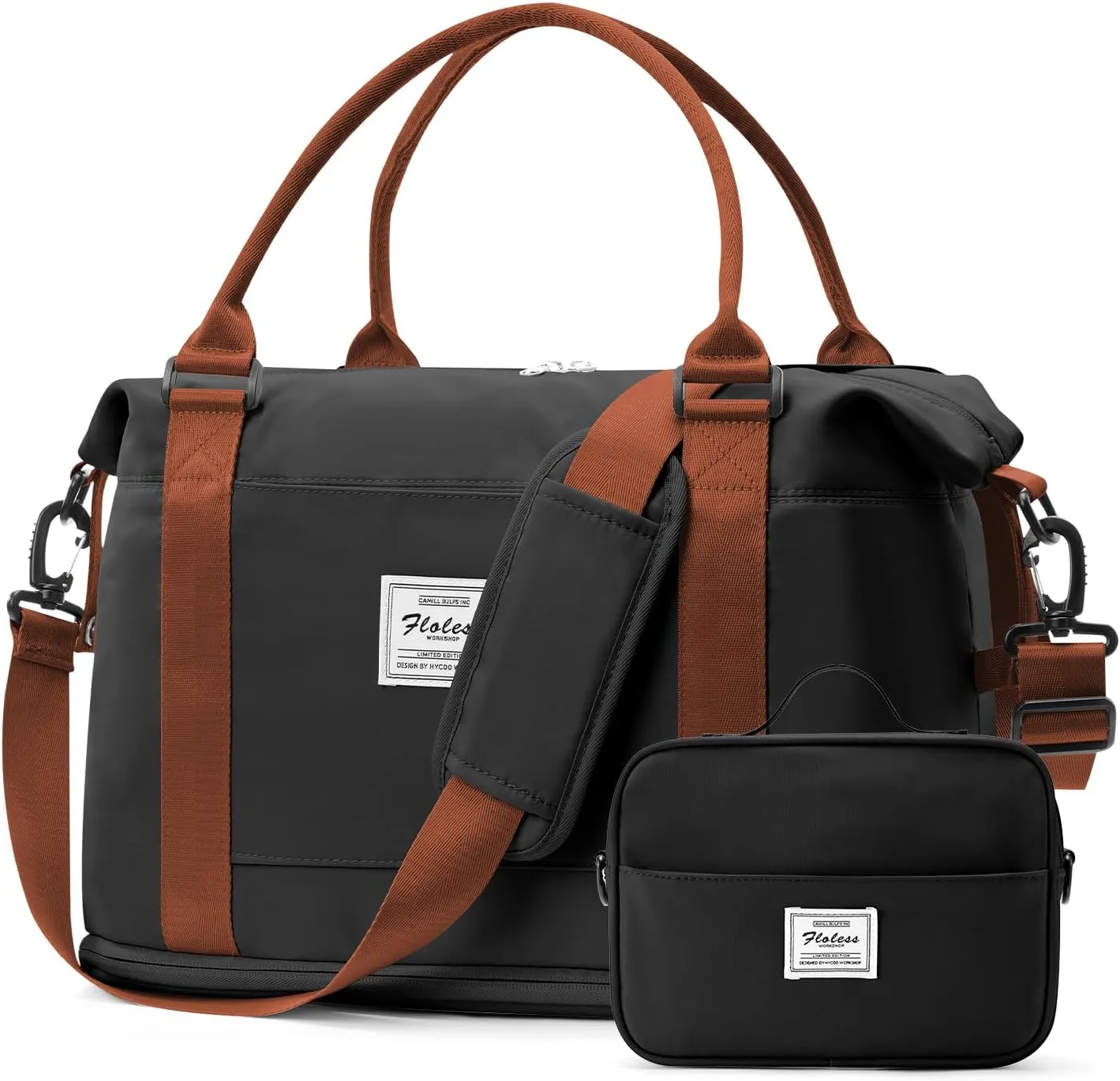 Weekender Bags for Women,Personal Item Travel Bag with Shoes Compartment,Overnight Travel Duffel Bag with Toiletry Bag,Small, Black&Brown
