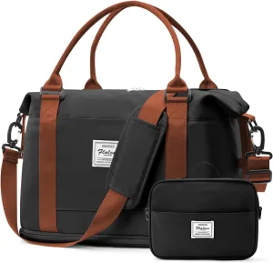 Weekender Bags for Women,Personal Item Travel Bag with Shoes Compartment,Overnight Travel Duffel Bag with Toiletry Bag,Small, Black&Brown