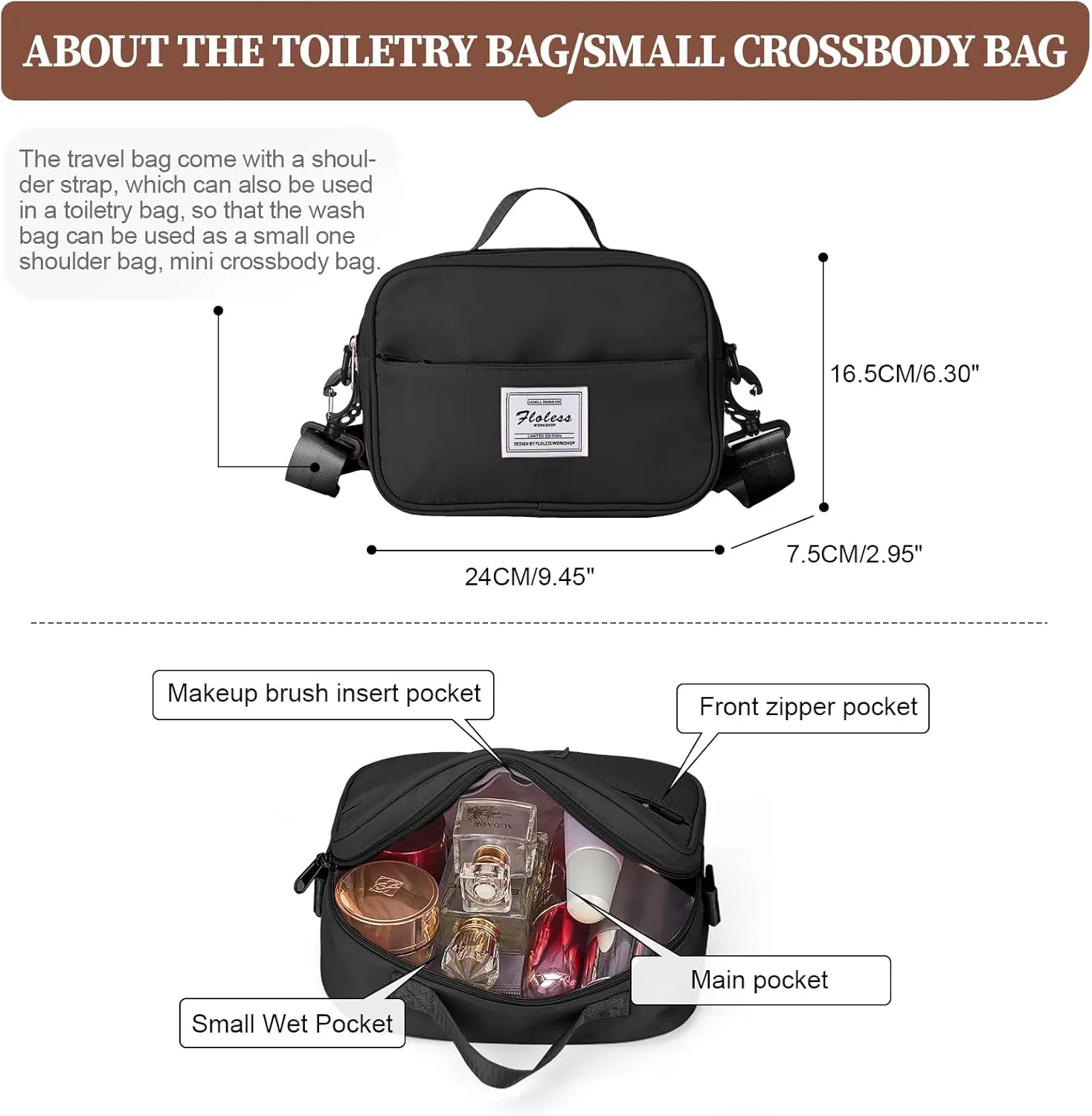 Weekender Bags for Women,Personal Item Travel Bag with Shoes Compartment,Overnight Travel Duffel Bag with Toiletry Bag,Small, Black&Brown