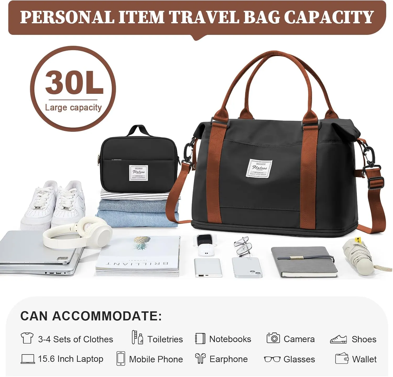 Weekender Bags for Women,Personal Item Travel Bag with Shoes Compartment,Overnight Travel Duffel Bag with Toiletry Bag,Small, Black&Brown