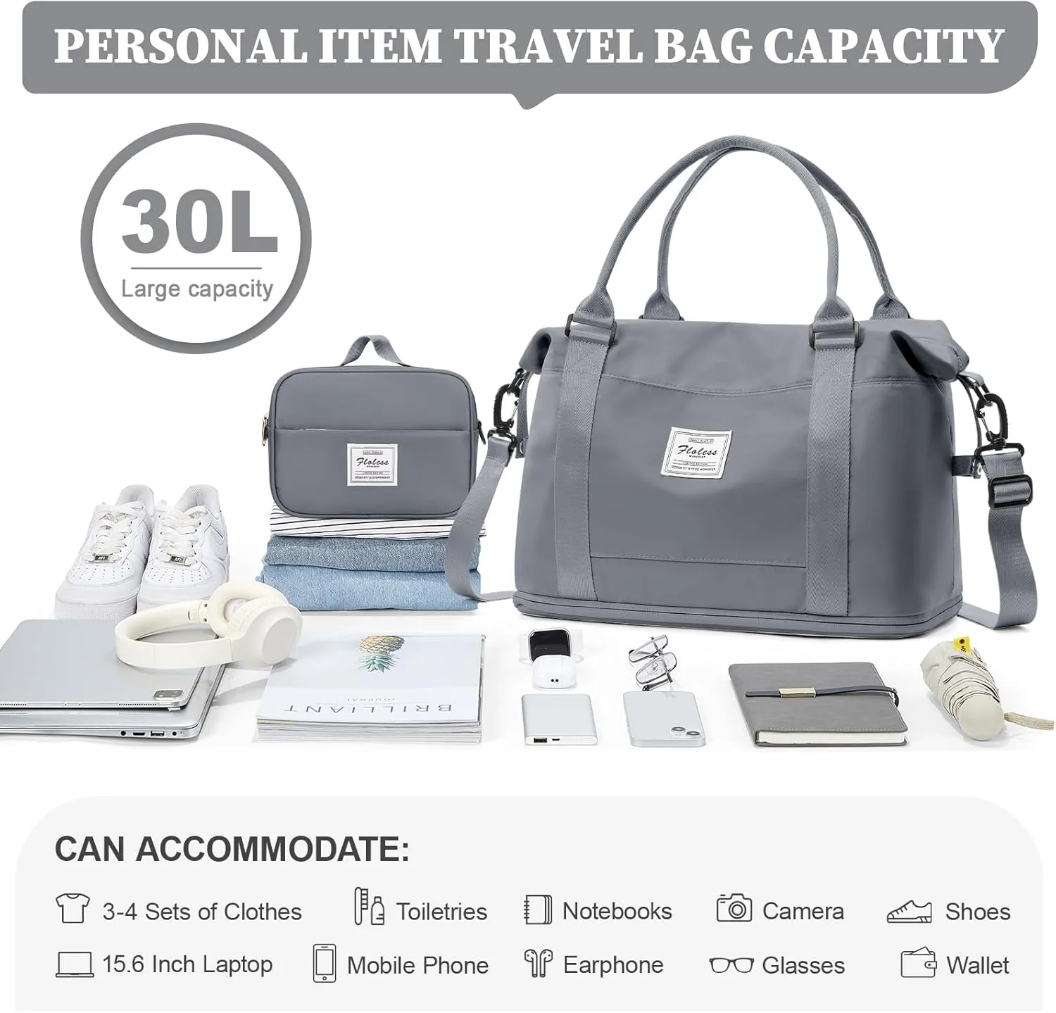 Weekender Bags for Women,Personal Item Travel Bag with Shoes Compartment,Overnight Travel Duffel Bag with Toiletry Bag,Small, Blue Grey