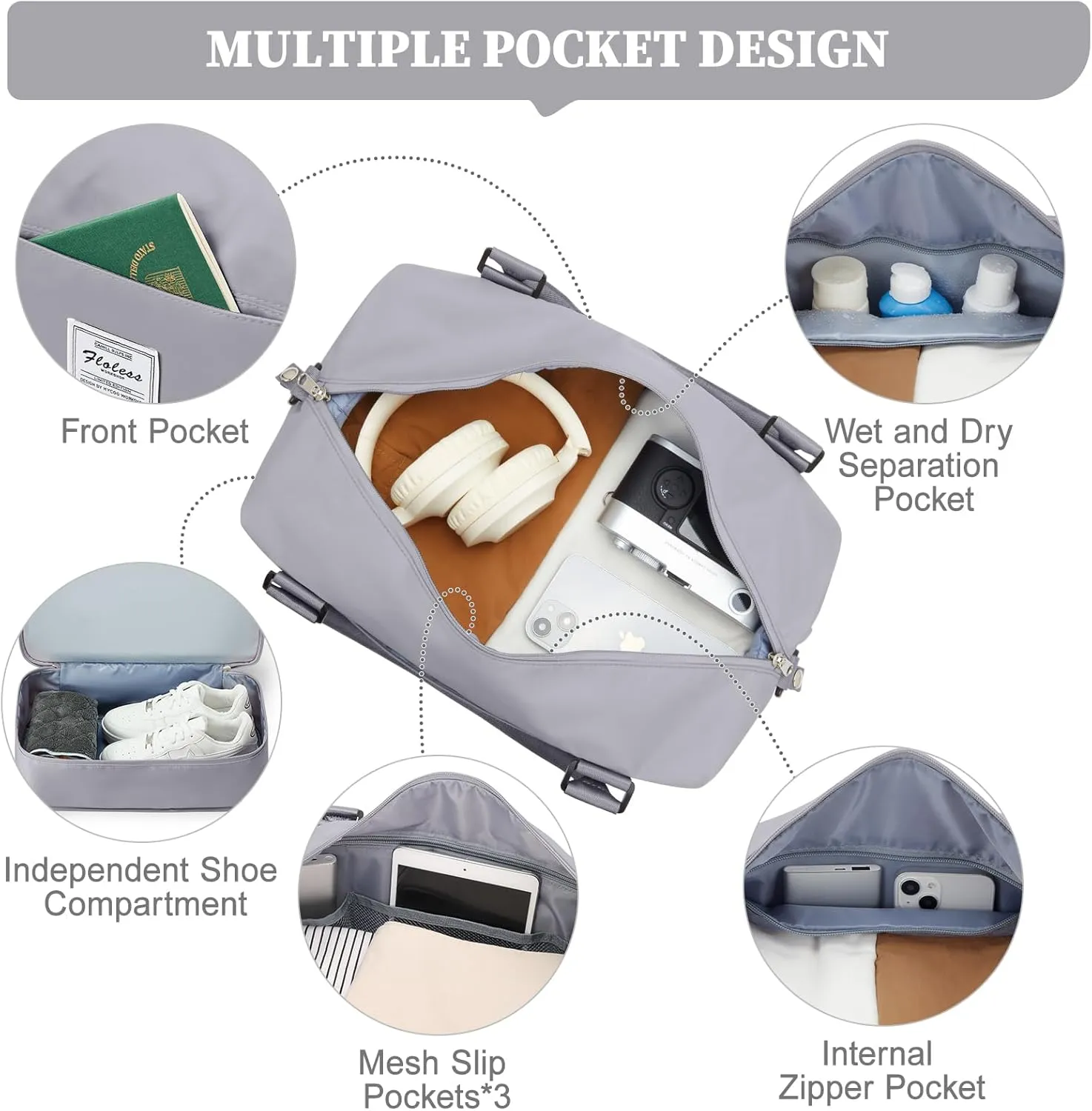 Weekender Bags for Women,Personal Item Travel Bag with Shoes Compartment,Overnight Travel Duffel Bag with Toiletry Bag,Small, Grey