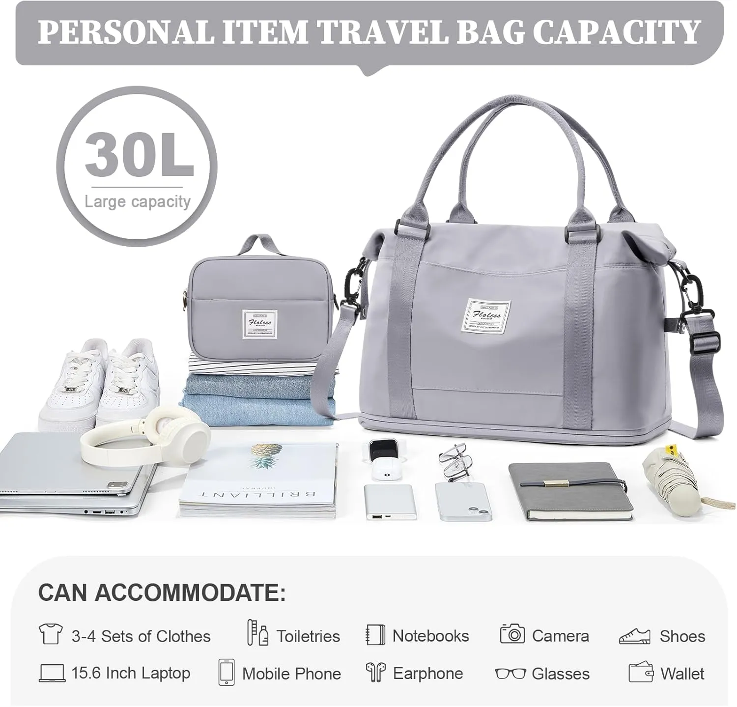 Weekender Bags for Women,Personal Item Travel Bag with Shoes Compartment,Overnight Travel Duffel Bag with Toiletry Bag,Small, Grey
