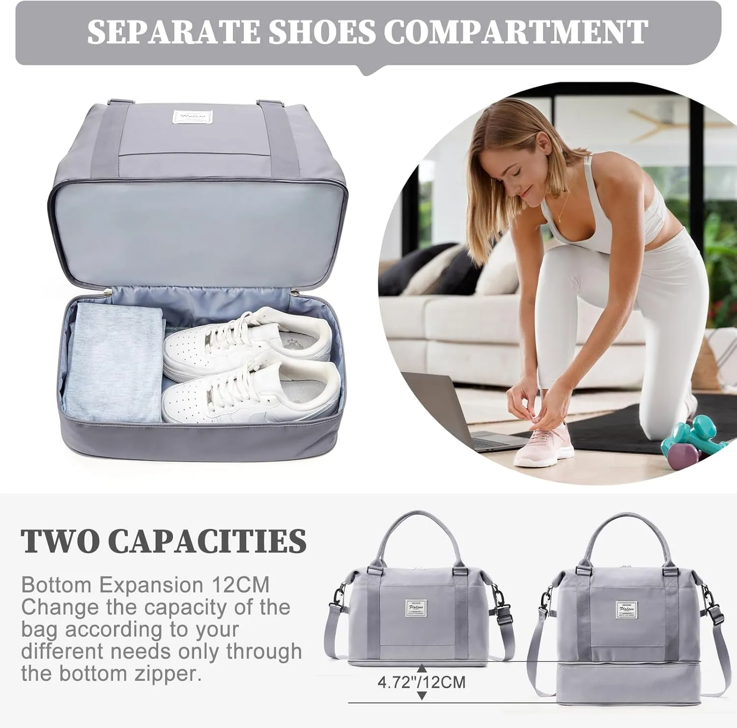 Weekender Bags for Women,Personal Item Travel Bag with Shoes Compartment,Overnight Travel Duffel Bag with Toiletry Bag,Small, Grey