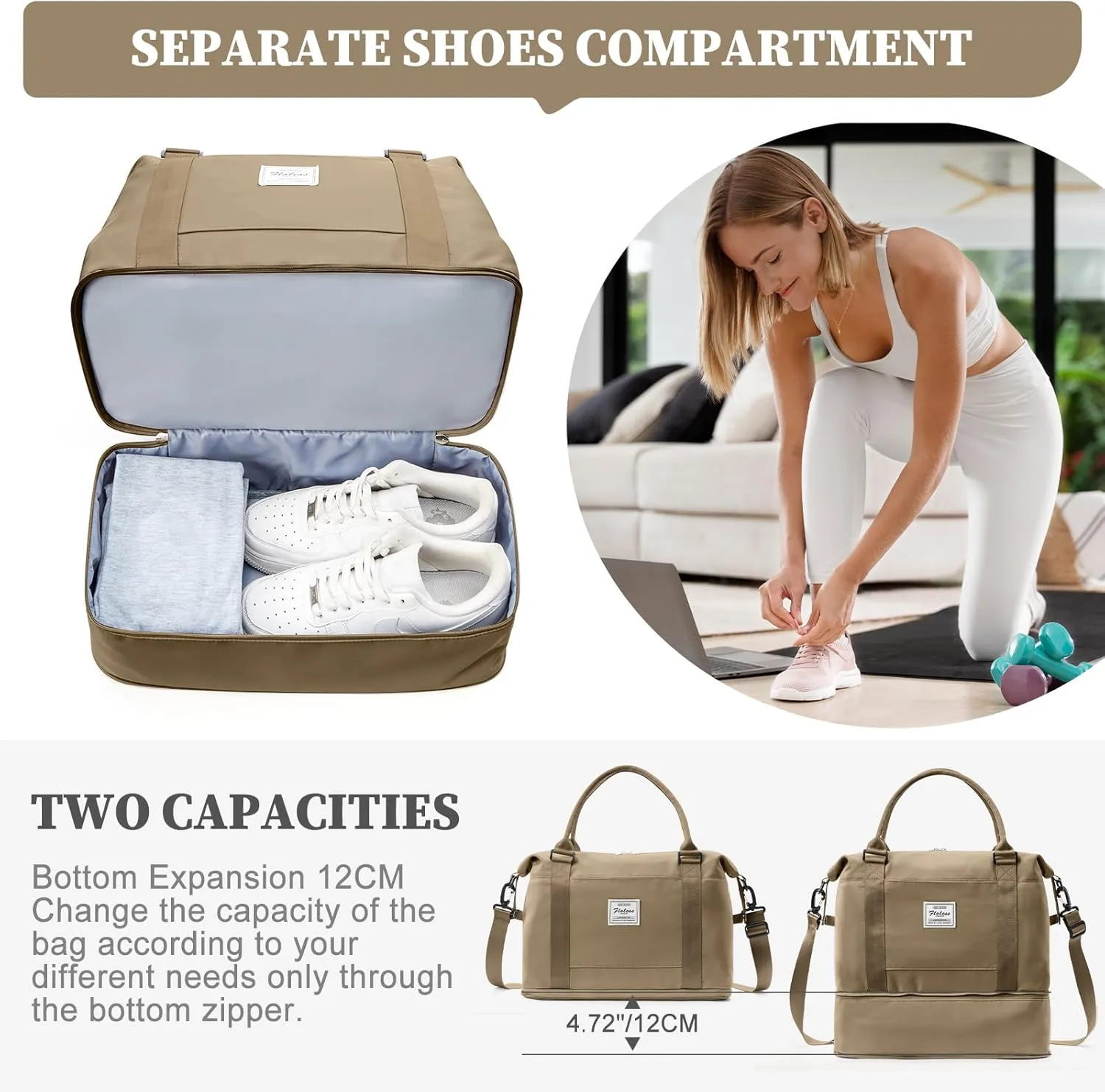 Weekender Bags for Women,Personal Item Travel Bag with Shoes Compartment,Overnight Travel Duffel Bag with Toiletry Bag,Small, Khaki