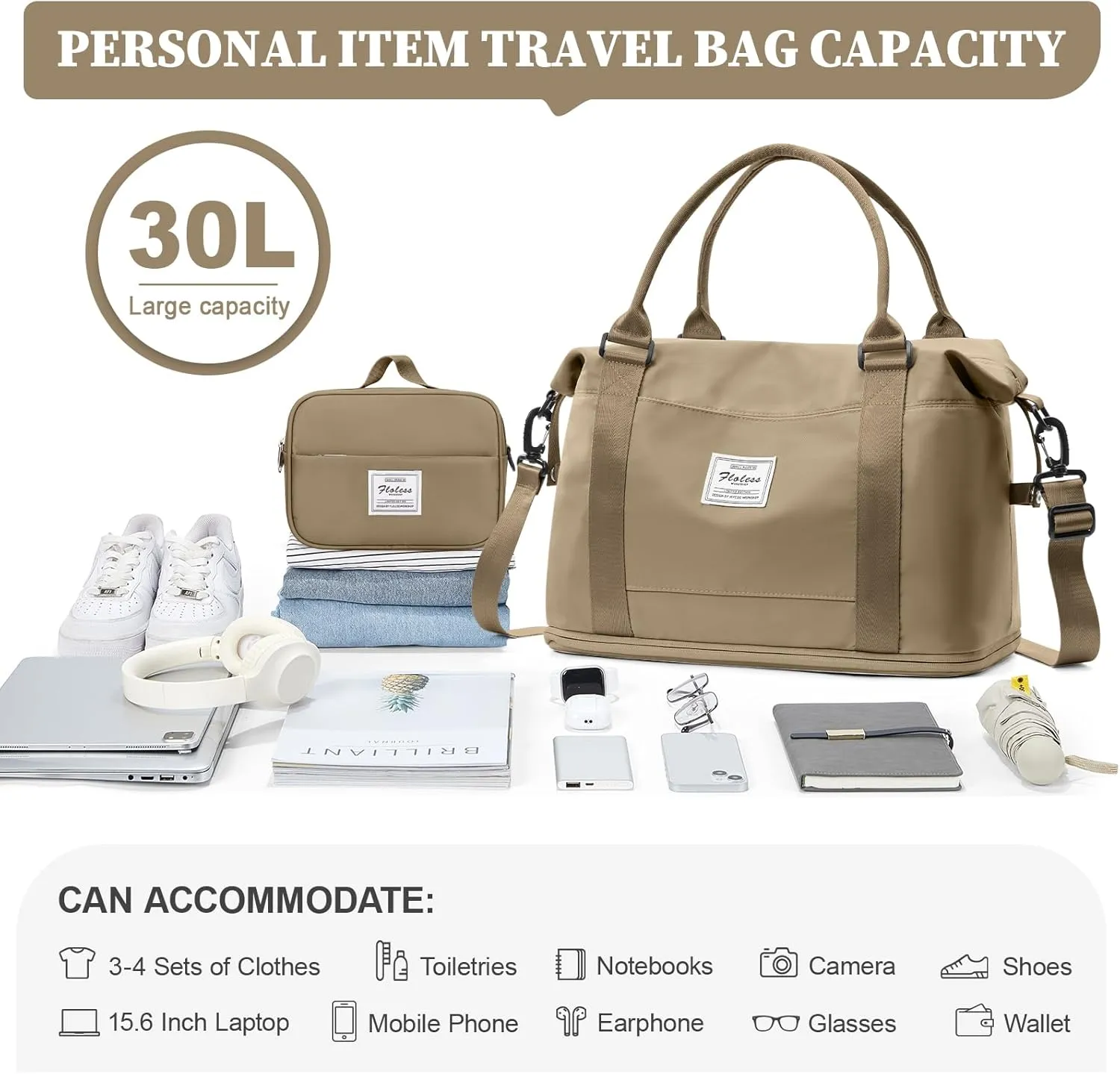 Weekender Bags for Women,Personal Item Travel Bag with Shoes Compartment,Overnight Travel Duffel Bag with Toiletry Bag,Small, Khaki