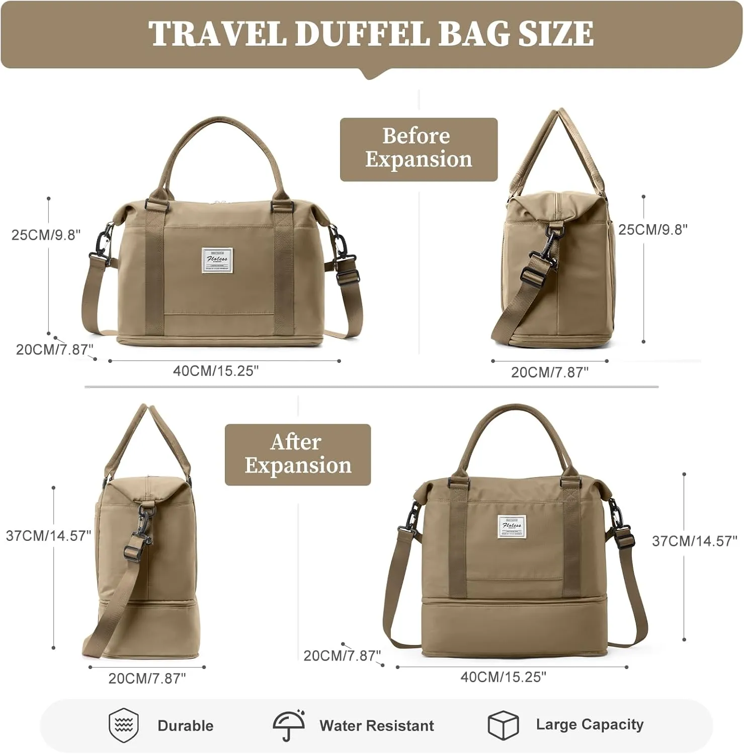 Weekender Bags for Women,Personal Item Travel Bag with Shoes Compartment,Overnight Travel Duffel Bag with Toiletry Bag,Small, Khaki