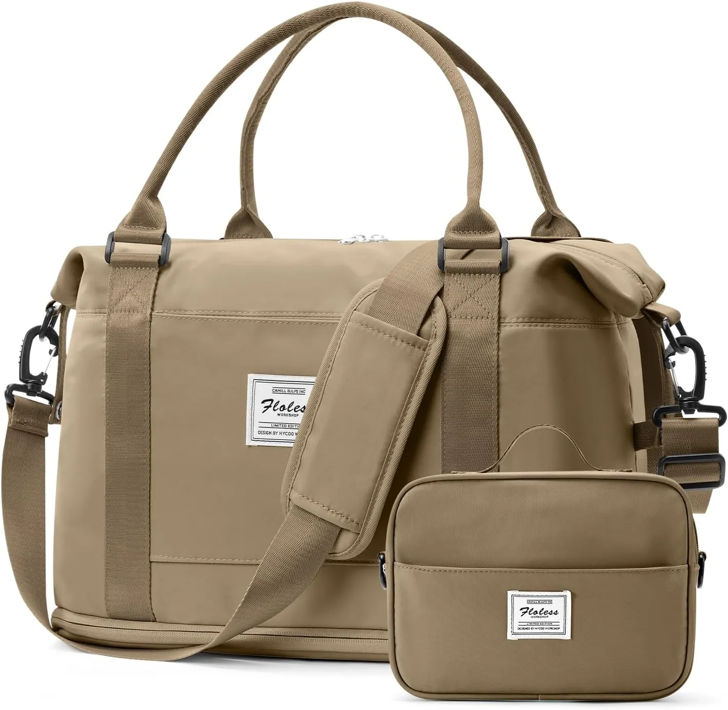 Weekender Bags for Women,Personal Item Travel Bag with Shoes Compartment,Overnight Travel Duffel Bag with Toiletry Bag,Small, Khaki