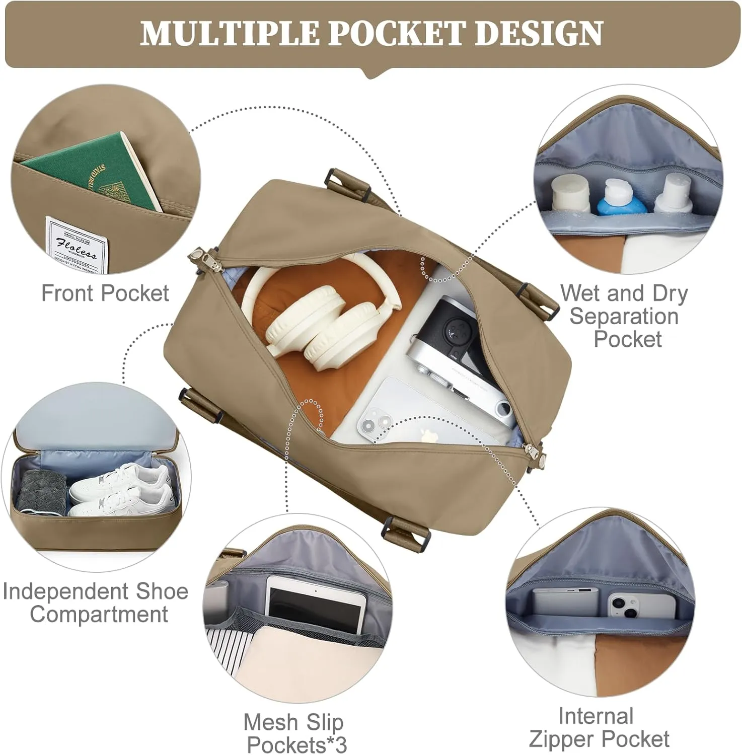 Weekender Bags for Women,Personal Item Travel Bag with Shoes Compartment,Overnight Travel Duffel Bag with Toiletry Bag,Small, Khaki