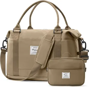 Weekender Bags for Women,Personal Item Travel Bag with Shoes Compartment,Overnight Travel Duffel Bag with Toiletry Bag,Small, Khaki