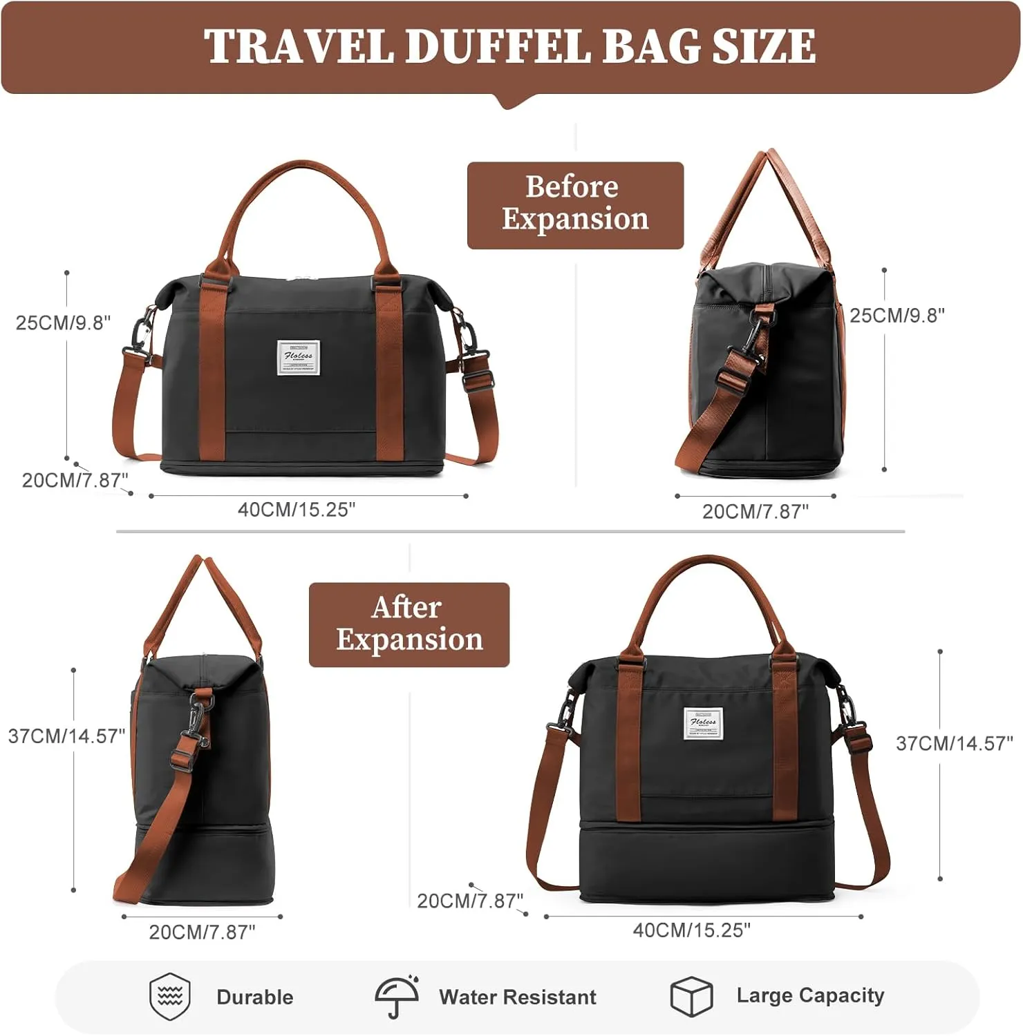 Weekender Bags for Women,Personal Item Travel Bag,Overnight Travel Duffel Bag with Expandable Shoes Compartment & Wet Pocket, A-Black&Brown