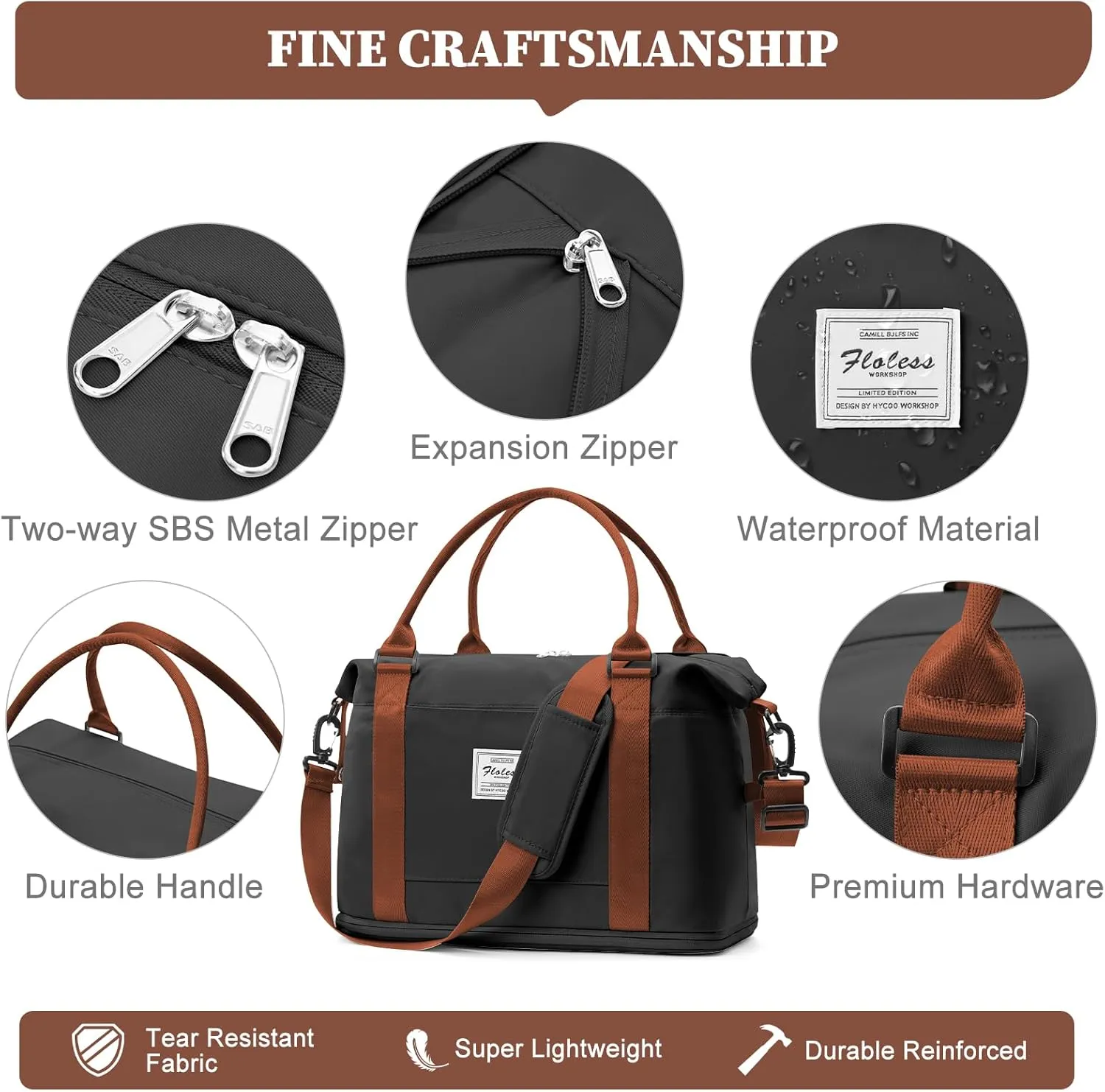 Weekender Bags for Women,Personal Item Travel Bag,Overnight Travel Duffel Bag with Expandable Shoes Compartment & Wet Pocket, A-Black&Brown